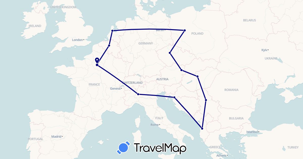 TravelMap itinerary: driving in Albania, Austria, Belgium, Czech Republic, France, Croatia, Hungary, Italy, Netherlands, Poland, Serbia (Europe)